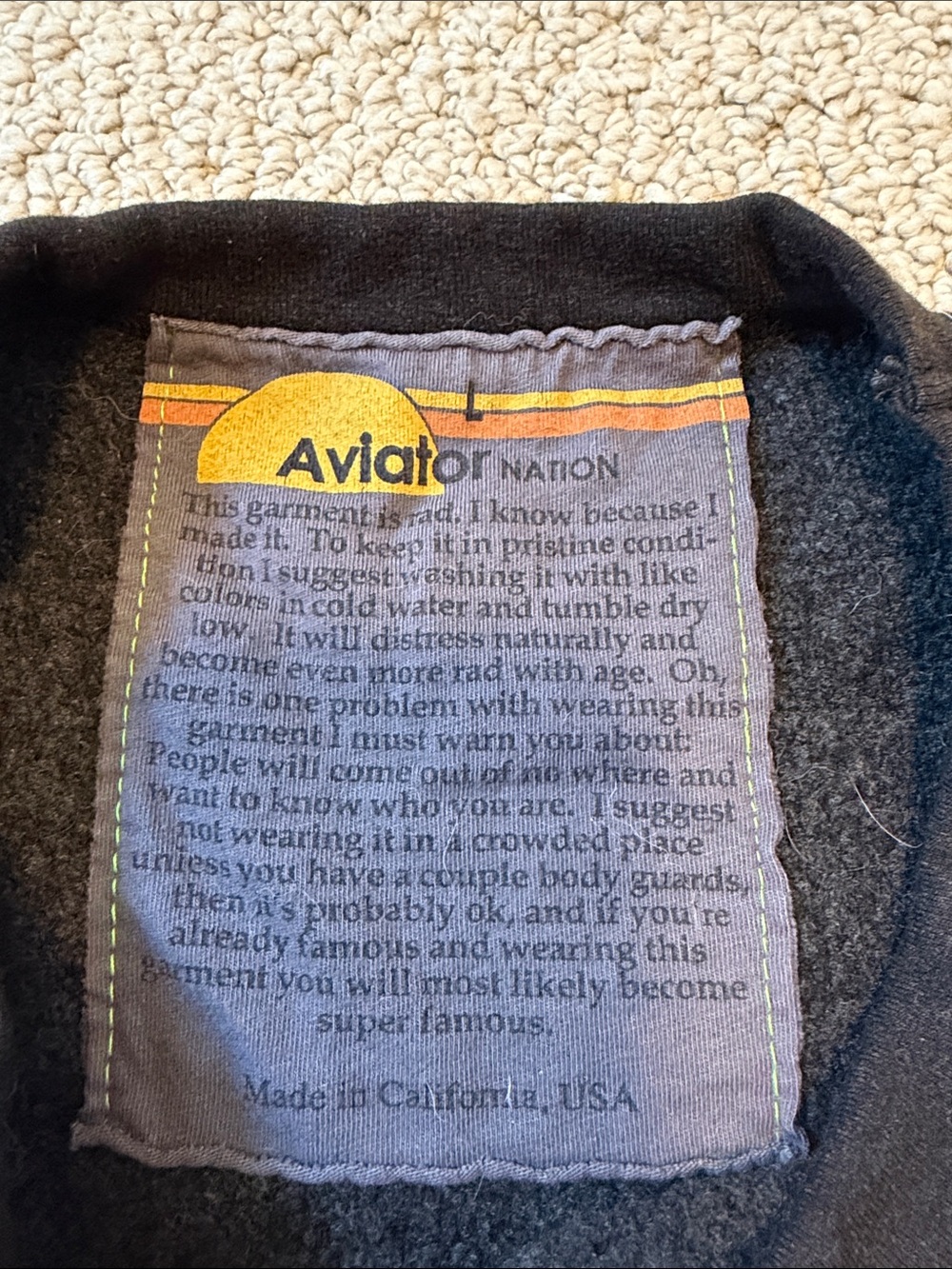 Aviator Nation Black Crewneck Sweatshirt with Blue Sleeve Stripes - Picture 2 of 2